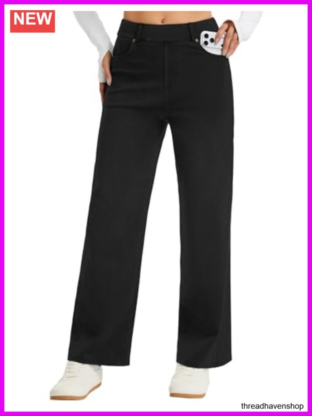 Wide Leg Pull On Jeans for Women Stretch Denim Pants High Rise with Pockets